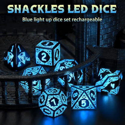 LED DND Dice Set, Light up Dice Rechargeable for RPG DM Gifts, Blue | ZHOORQI D and D Polyhedral Dice with Charging Box, Glow in The Dark Dice Easy Reading for Dungeons and Dragons TTRPG - color: Blue-shackles