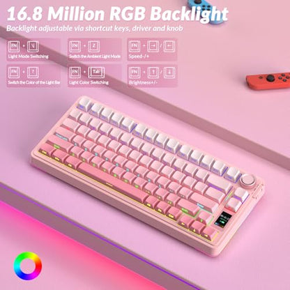 AULA S75 PRO Wireless Mechanical Keyboard with Screen&Knob, Tri-Mode Hot Swappable Gaming Keyboard 75%, Pre-lubed Switches, RGB Backlit, Side Printed PBT Keycaps, Creamy Sounding Pink Keyboards - color: Gradient Pink