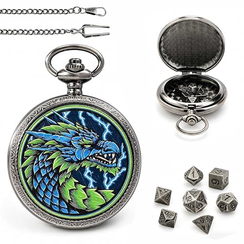 DragonSword D&D Dice Set with Pocket Watch Case, 7PCS Metal Dice Set for DND, Mini Dice with Gifts Case, Role Playing Board Games Accessories Gifts (Electric Dragon) - color: Electric Dragon