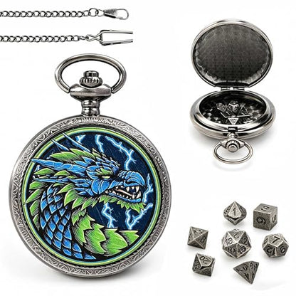 DragonSword D&D Dice Set with Pocket Watch Case, 7PCS Metal Dice Set for DND, Mini Dice with Gifts Case, Role Playing Board Games Accessories Gifts (Electric Dragon) - color: Electric Dragon