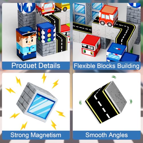City Traffic Magnetic Blocks Set Fully Encased Magnets Non-Toxic | Child-Safe STEM Toys & Choking-Proof Travel Learning Gift for Ages 3-8 Car/Airplane Toddler Toy Birthday - style: City Traffic 49