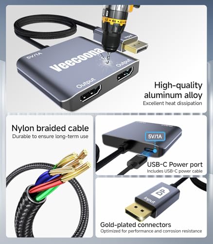 DisplayPort to Dual HDMI Adapter 1 in 2 Out | 4K60Hz | DP Source to HDMI Splitter Extended Display for Dual monitors, for Desktop,Laptop, Graphics Card - MACOS Not Support MST