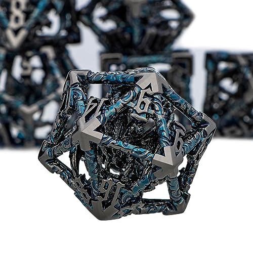 ARUOHHA Hollow DND Dice Set Black Blue Metal Dragons D and D Dice with Gift Box, Role Playing Games 7PCS RPG Dungeons Polyhedral Dice Set D20 D12 D10 D8 D6 D4 - color: Black Blue
