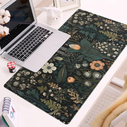 Dark Flower Desk Mat Floral Plants Mouse Pad, Aesthetic Wildflowers Large Gaming Mousepad Desk Pad, XXL Keyboard Mouse Mat Full Desktop Mat Women Office Desk Accessories Cover Mat 31.5"x15.75" - color: Dark Black Brown Flowers