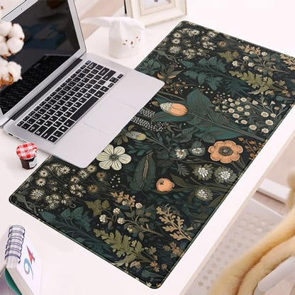 Dark Flower Desk Mat Floral Plants Mouse Pad, Aesthetic Wildflowers Large Gaming Mousepad Desk Pad, XXL Keyboard Mouse Mat Full Desktop Mat Women Office Desk Accessories Cover Mat 31.5"x15.75" - color: Dark Black Brown Flowers