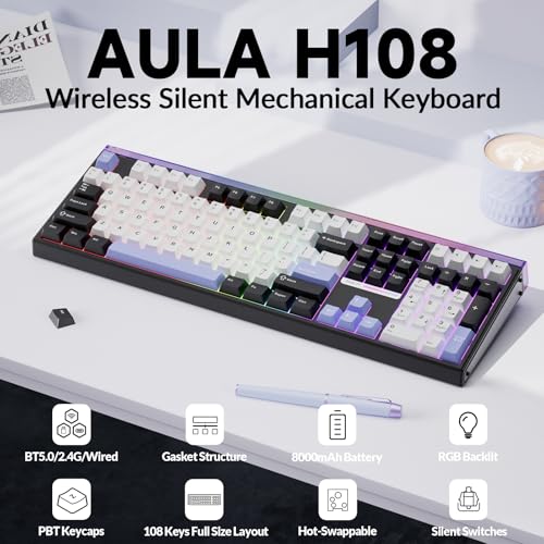 Aula H108 Wireless Mechanical Keyboard, Hot Swappable Silent Keyboard, Full Size Keyboard with Number Pad, Gasket Structure, RGB Backlit Computer Gaming Keyboard with PBT Keycaps for PC/Office - color: White Black Purple