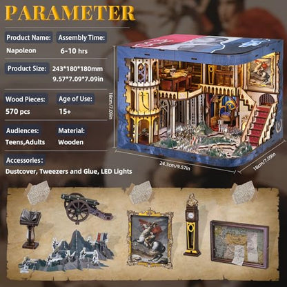 MiniCity Napoleon DIY Book Nook Kit, Wooden 3D Bookshelf Model with LED | 570-piece wood/paper/plastic kit with LED and dust cover; glue/tools included; 8-10 hr project for shelf decor, ages 14+. - style: Napoléon