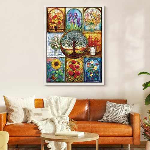 500 Piece Puzzle for Adults, Stained Glass Windows Jigsaw Puzzles, Tree of Life Jigsaw Puzzles 500 Pieces, Birthday Party for Family Adults Funny Puzzle, 20.5×15 in - style: Stained Glass windows