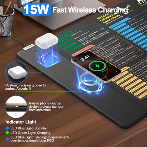 Excel Cheat Sheet Mouse Pad with Magnetic Wireless Charging, 31.5 x 15.8 in | Extended Excel Shortcuts Desk Writing Pad, Waterproof Ultra-Smooth Keyboard Mat, Non-Slip Base - color: Black-Excel Formulas-31.5"x15.8"