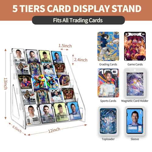 2 Pack 5 Tier Trading Card Display Stand, 12" Acrylic Card Stands for Display, versatile Card Stands for Sports Cards, Graded & Greeting Cards, Postcards, Vendor Stickers, with Snap-On Assembly (Tall 5-Tier-2Pack) - size: Tall 5-Tier-2Pack