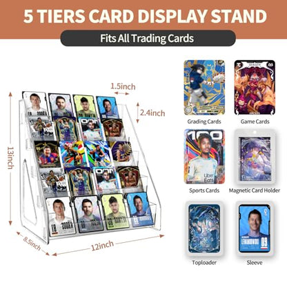 2 Pack 5 Tier Trading Card Display Stand, 12" Acrylic Card Stands for Display, versatile Card Stands for Sports Cards, Graded & Greeting Cards, Postcards, Vendor Stickers, with Snap-On Assembly (Tall 5-Tier-2Pack) - size: Tall 5-Tier-2Pack