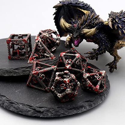 DND Dice Set,3D Hollow Dragon Metal 7-Die,Silver Blood Spot | Copper construction,68g Balanced weight,Engraved numbers,Gift box and Velvet bag for DND RPG play - color: 3d Silver Blood Spot