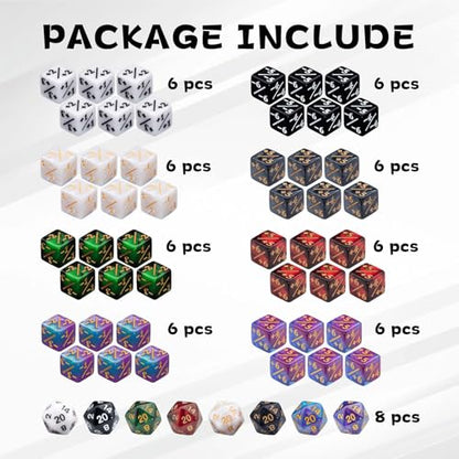 56 PCS MTG Counter Dice Set with D20 for MTG Card Game | 48 PCS Life Counters & 8 PCS D20 in 8 Colors & 1 Grey Velvet Bag