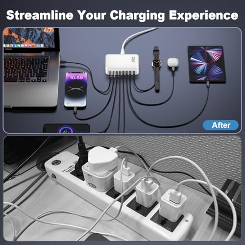 USB C Charger 200W Charger Block, 8-Ports Gan Fast Charging Station Hub, PD 65W Laptop Charging Adapter Compatible with MacBook Pro/Air, DELL, Steam Deck, iPhone 17/16/15/14, Galaxy (White) - color: White