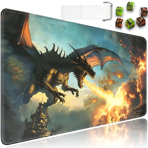 for MTG Playmat + Drawstring Travel Pouch + 6 Dice Counter, for Tabletop Trading Card Game Playmats or Mouse Pad, 24 x 14 in, Fire Breathing Flying Dragon for TCG Playmat (No with Zone) - color: JV-Playmat-6-1-I235