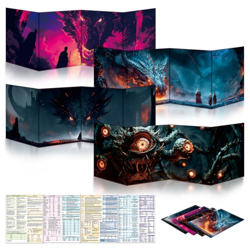 Byhoo 8 PCS DM Screen for D&D 5E with 2 Immersive Themes，Waterproof Reusable Surface, Tri-Fold Portable Design Folds to A4 Size DND Accessories Compatible with Players Handbook - style: Planar Realms - 8PCS