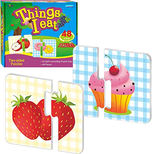 48 Food Matching Puzzles with Error-Correction Mechanism Pre-Primer in 2 Pieces, Perfect for Preschool Learning (24 Blocks Double Sided) - style: Food