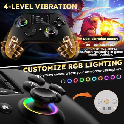 Interactive Screen Wireless Gaming Controller for PC/PS4/Switch/Android/iOS, Gamepad with Phone Clip for Gamers,4 Programmable/Turbo/6-axis Gyro/Dual Vibration/RGB Lighting/Wake-up/Share/Wake-up - color: Black