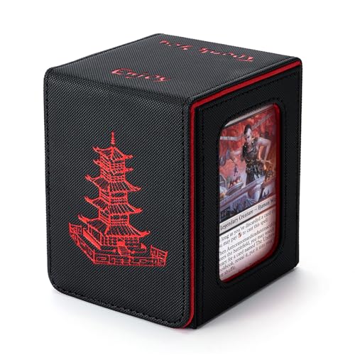Chinese Takeout Deck Box Fits 35+ Toploader (Black and Red) | Holds 120 Single/100 Double-Sleeved Cards, Fit MTG/PTCG/OPTCG Cards, Strong Magnet, PU Leather, With 2 Dividers & 1 Toploader - color: Black and Red