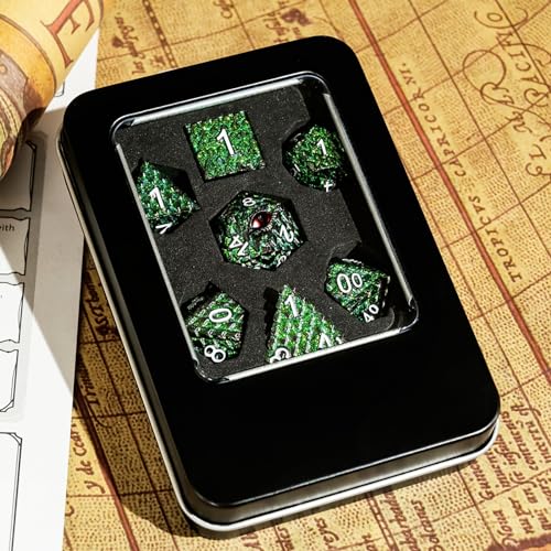 Metal Dice Set D&D,7 PCS Dragon Scale Metallic DND Dice Set,Dragon Eye Metal Dice with Grogeous Gift Case for Dungeons and Dragon Tabletop Game (Glitter Green Dragon Scale & Red Eye) - color: Glitter Green Dragon Scale & Red Eye