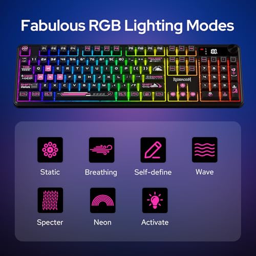 Redragon K526 PRO RGB Wireless Membrane Gaming Keyboard, 104 Keys Mechanical-Feel Keyboard w/LED Info Display, Media/Backlit Knob Control, Smooth Linear Switch & Software Supported - color: Black & Purple
