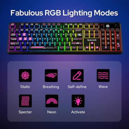 Redragon K526 PRO RGB Wireless Membrane Gaming Keyboard, 104 Keys Mechanical-Feel Keyboard w/LED Info Display, Media/Backlit Knob Control, Smooth Linear Switch & Software Supported - color: Black & Purple