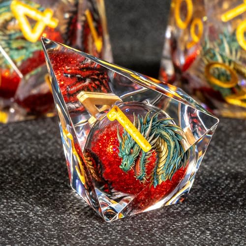 KERWELLSI Liquid Core Dragons Pattern Dice, Resin DND Dice Set with Gift Box, Red and Gold Sharp Edged Dungeons D&D Dice, Role Playing Game Dice D20 D12 D10 D8 D6 D4