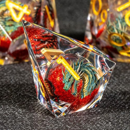 KERWELLSI Liquid Core Dragons Pattern Dice, Resin DND Dice Set with Gift Box, Red and Gold Sharp Edged Dungeons D&D Dice, Role Playing Game Dice D20 D12 D10 D8 D6 D4