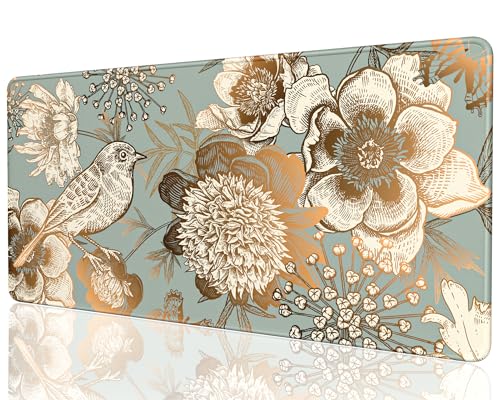 Desk Mat, 32" x 16" XXL Extended Large Gaming Mouse Pad, Desktop Decor Desk Pad, Cute Men Women Office Supplies and Accessories, XL Mouse Mat for Laptop & Keyboard, Retro Flower and Bird - color: Retro Flower and Bird, size: 32L x 16W inches