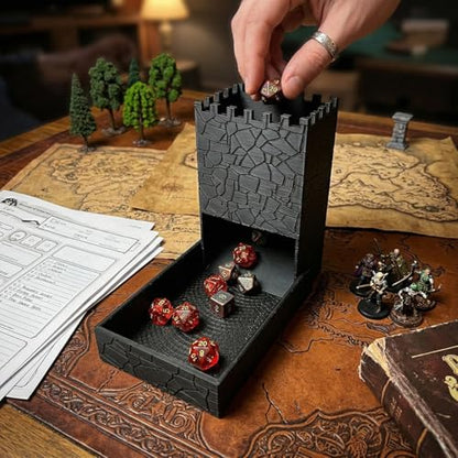 Portable Collapsible Dice Tower - Black Castle Design, Compact Phone-Sized Foldable Dice Roller for Tabletop RPG and Board Games
