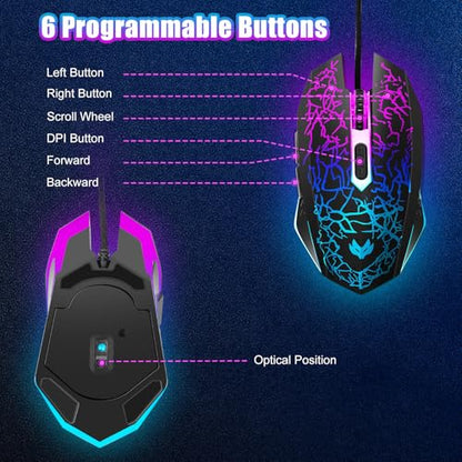 Wired Gaming Mouse, 4-Color LED Light Computer Mouse, Ergonomic Mouse with 6 Silent Click Buttons, 3 Adjustable 2400 DPI USB Wired Mouse for Laptop, PC, Mac, Black