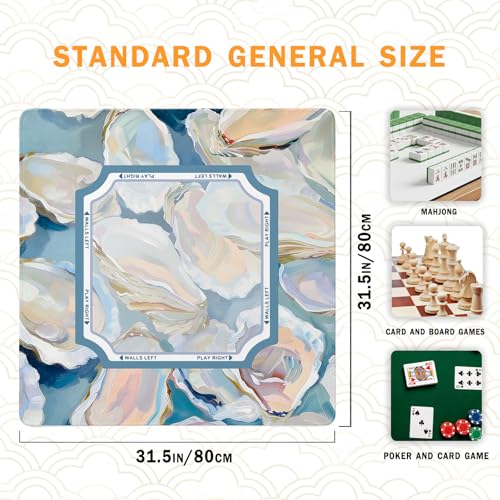 Coastal Mahjong Mats Cover, Summer Beach Mahjong Mat for Table 31.5 Inch | Blue Oyster Mahjong Mat With Rules, Noise Reduction Mahjong Game Pad, Beach Mahjong Gifts, Beach Mah Jong Mats - color: Blue Oyster and Summer