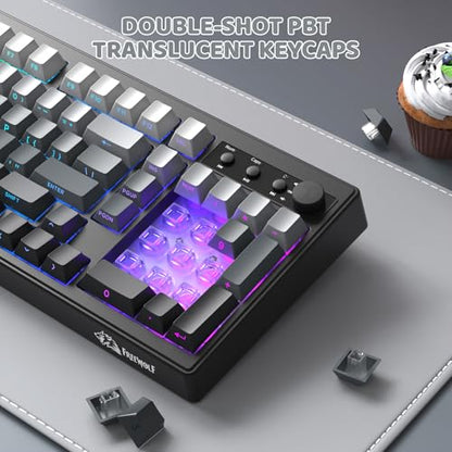 FREEWOLF K100 99 Keys Gaming Creamy Silent Wireless Keyboard with Media Knob,BT/2.4GHz/USB-C,Side Printed Keys RGB Backlit Number Pad,Retro Cute Membrane Computer Keyboard for PC/MAC-Gradient Black - color: Gradient Black