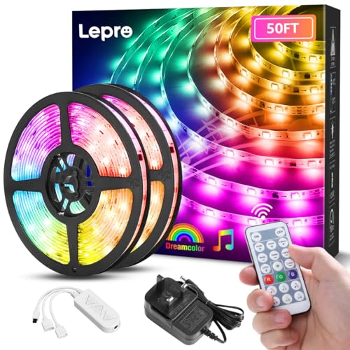 Lepro LED Strip Lights, 50ft Music Sync MagicColor Light Strip with Remote, Valentines Gifts for Men & Women, 5050 RGB Lights for Bedroom, Home, Gaming Room, Party, Wall,Valentines Day Decor - size: 50ft