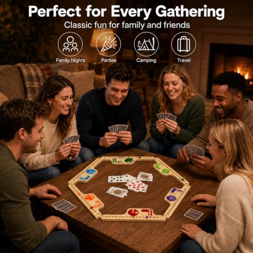 Jokers and Marbles Board Game Set – Wooden Marble Game with 40 Marbles, 4 Decks of Cards, Instructions and Carry Bag, 2–8 Player Portable Family Tabletop Game, Gift for Adults and Families - color: Natural Wood Color