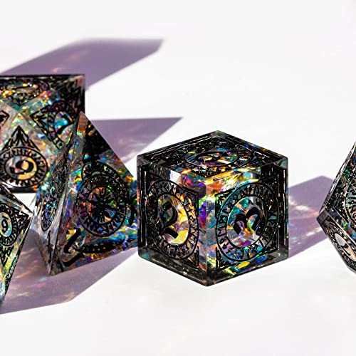 Cusdie Sharp Edges Dice DND, 7 PCs D&D Dice, Handcrafted Polyhedral Dice Set, for Role Playing Game (Black Pattern) - color: Black Pattern-transparent Black