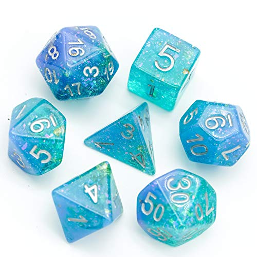 Blue DND Dice Set Glitter Polyhedral Dice Set D&D for Tabletop Games | Leather Storage Bag, DM Gift, for Dungeons and Dragons Role Playing Games - color: Glitter Blue/Green