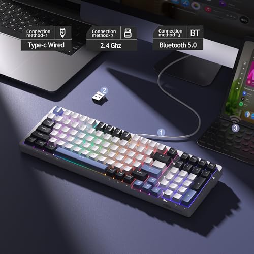 MageGee LIGHT100 Wireless Creamy Keyboard, Gasket Structure Hot Swappable, Tri-Mode 2.4G/USB-C/BT5.0 RGB Backlit Mechanical Gaming Keyboard for Win/Mac/PC, PBT Keycap, 4000mAh Battery, Blue - color: Black Blue/Ivory White Switch