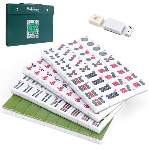 Pycoal Traditional Chinese Mahjong Tile Set, 1.4'' Melamine Mahjong Tiles Premium 146PCS Mahjong Set with Portable Carrying Case, Instruction Manual, Dice Set, Mah jongg Game Set for Family, Gathering - color: Green