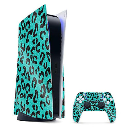 MightySkins Glossy Glitter Gaming Skin for PS5 / PlayStation 5 Bundle - Teal Leopard | Durable High-Gloss Glitter Finish | Easy to Apply and Change Style | Made in The USA - color: Teal Leopard, size: PlayStation 5 Bundle