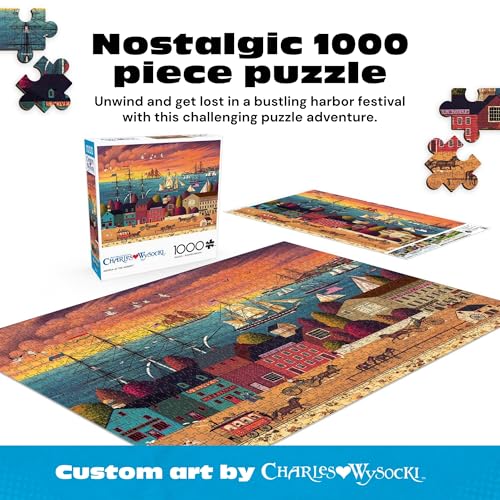 Buffalo Games - Charles Wysocki Hoopla at the Harbor - 1000 Piece Puzzle | Art by Charles Wysocki, Frameable Art, Made in USA, Recycled Board, Includes Poster, Challenging, intermediate to expert - color: Hoopla Harbor