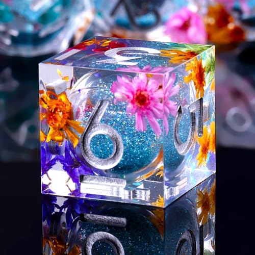Liquid Core DND Dice Set, 7pcs Sharp Edge Dice for Role Playing Dungeons and Dragons Ttrpg with Gift Box, Handmade Resin D&D Dice RPG Role Playing Games Dice Set(Flower&Blue Quicksand) - color: Flower-bule Liquid Yellow