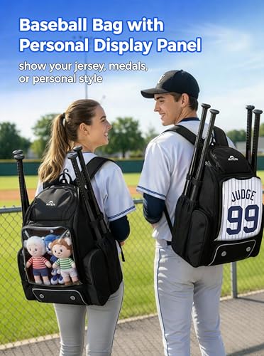 MATEIN PRO Youth Baseball Backpack for 4 Bats, Collapsible Shoe Compartment | Water Resistant, Large, Boys Baseball Bat Bag, Insulated Beverage Pocket, Clear Display Window, Storage Holds Glove, Helmet - color: Black