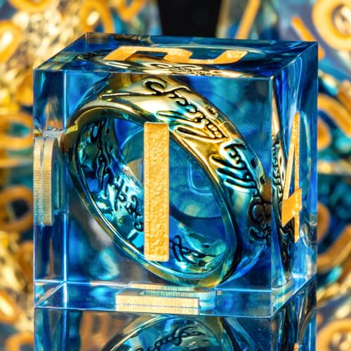 OUKELANWO Magic Lord Rings DND Dice Set with Box, 7Pcs Resin LOTR D&D Dice Set for Role Playing Game, Blue Gold Dungeons Dragons D and D Sharp Edge Dice D20 D12 D10 D8 D6 D4 - color: Blue