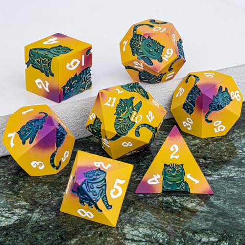 Metal DND Cat Dice 7PCS Polyhedral RPG Dice Set with Gift Case for Dungeons Dragons Role Playing Game, D and D Dice D6 D8 D10 D12 D20 D% (Yellow Green) - color: Cat-red Yellow&green