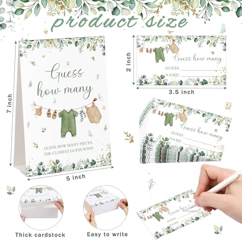 Woodland Guess How Many Baby Shower Game Pack of 1 Tabletop Sign with Stand and 50 How Many Cards, Green Clothes Gender Reveal Party Game Decoration - style: Woodland
