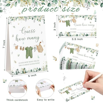 Woodland Guess How Many Baby Shower Game Pack of 1 Tabletop Sign with Stand and 50 How Many Cards, Green Clothes Gender Reveal Party Game Decoration - style: Woodland