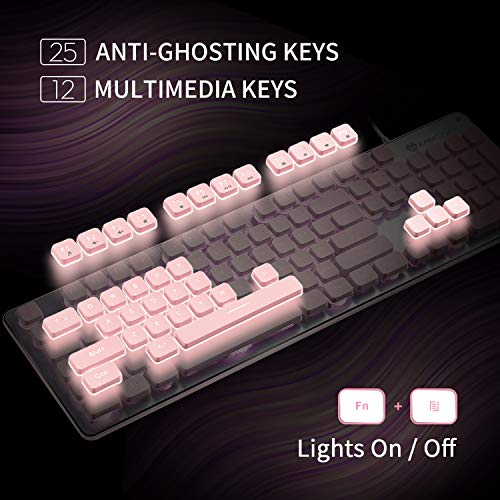 LANGTU Computer Keyboard, Backlit LED Pink for Office, All-Metal Panel USB Wired Membrane, 25 Keys Anti-ghosting, 104 Keys Laptop Compatible