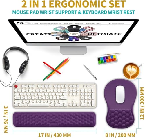 Hokafenle 2 in 1 Ergonomic Mouse Pad Wrist Support & Wrist Rest for Computer Keyboard Set, with Relieve Carpal Tunnel Pain Massage Bulge and Full Memory Gel Design (2In1 Set, Dark Purple) - color: Hk015-dark Purple