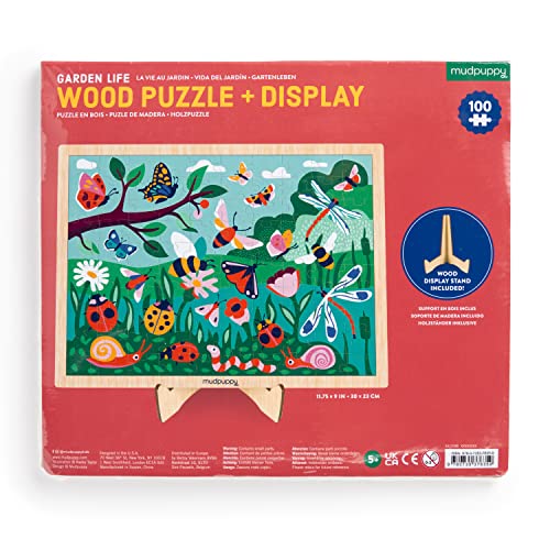 Mudpuppy Garden Life 100 Piece Wooden Puzzle for Kids, Ages 5+ | Scenic Garden Theme, Bright and Bold Illustrations, Display Stand Included, Sturdy Pieces, Wood, Room Decor - style: Garden Life